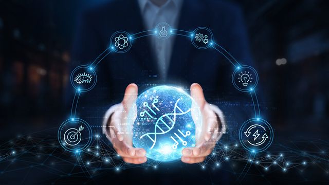 Illustration of DNA in a glowing ball held in a person's hands surrounded by symbols indicating innovation and discovery. 