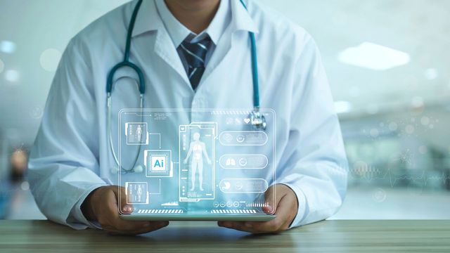 Doctor holding a digital health interface for AI in diagnosis. 