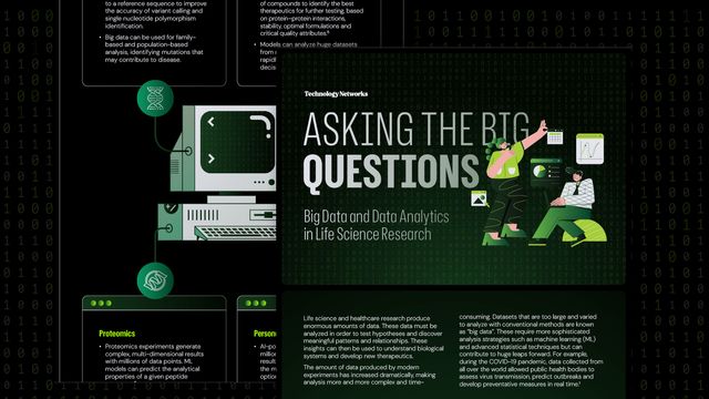 Illustrated infographic on big data in life science research, showing analytics charts and data processing.  