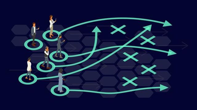 Business team strategizing CMO partnerships with illustrated paths and direction arrows. 