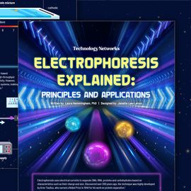 Colorful infographic illustrating electrophoresis principles with glowing molecules moving through an electric field. 
