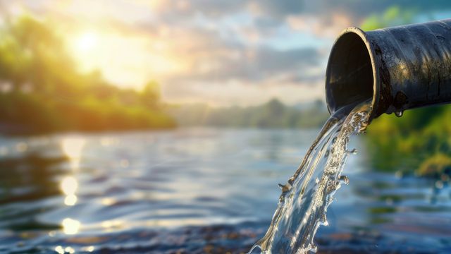 Pipe releasing water into a river at sunset for wastewater analysis regulatory compliance. 