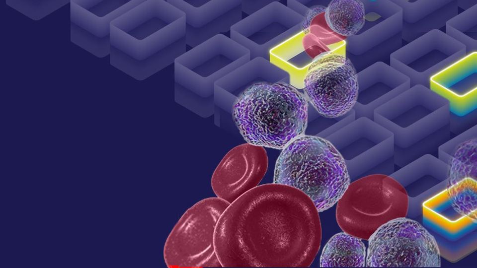 Red and white blood cells on a digital block background, symbolizing liquid biopsy and dPCR diagnostic technology.