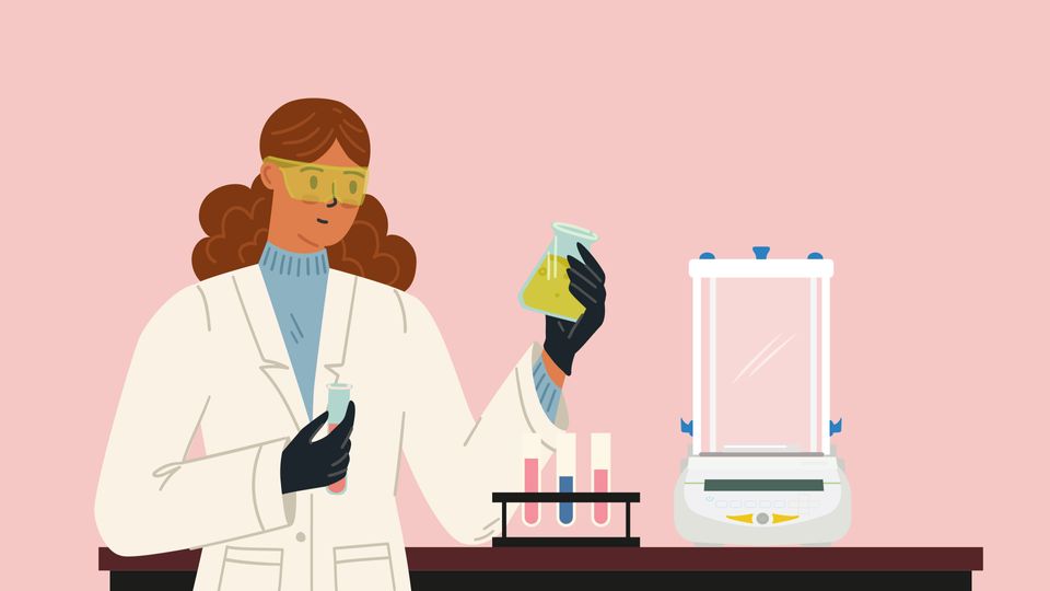 Illustration of a female scientist in a lab coat analyzing liquids in flasks near an analytical balance