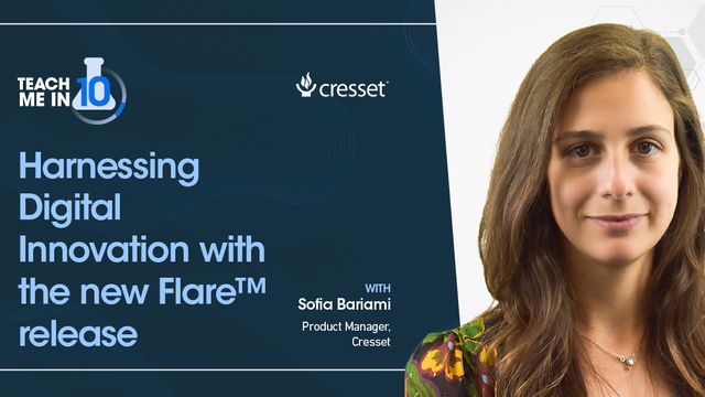 Promotional banner a Teach me in 10 episode featuring Sofia Bariami, Product Manager at Cresset, discussing digital innovation in drug discovery with the latest Flare™ software release. 