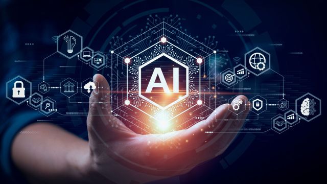 Glowing AI icon emerging from persons hand with other icons linking to AI around it. 