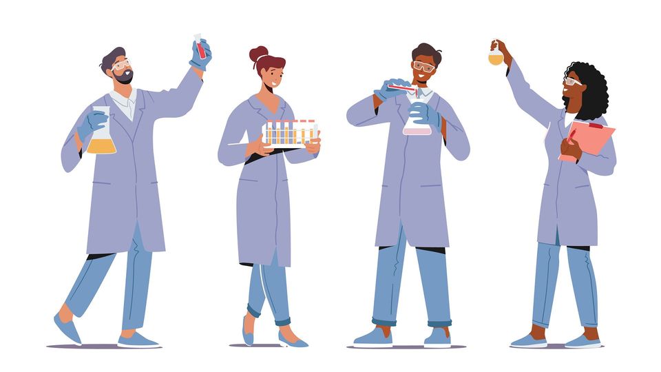 Illustration of scientists in purple lab coats working together on an experiment.