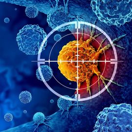 Illustration of CAR T-cell therapy targeting a cancer cell, highlighted by a crosshair overlay. 