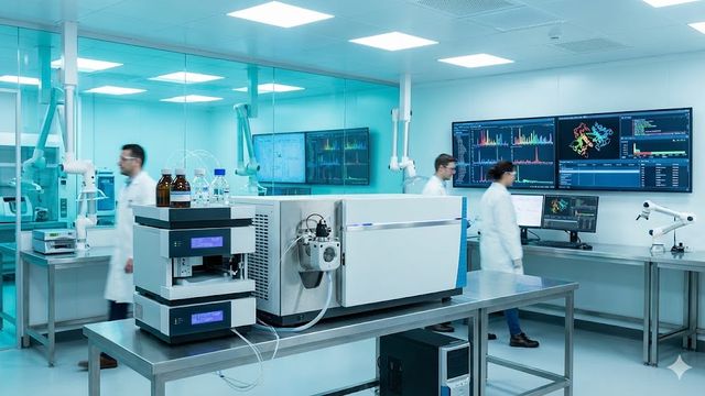 Modern LC-MS/MS mass spectrometer in a proteomics laboratory with monitors displaying mass spectral data and chromatograms. 