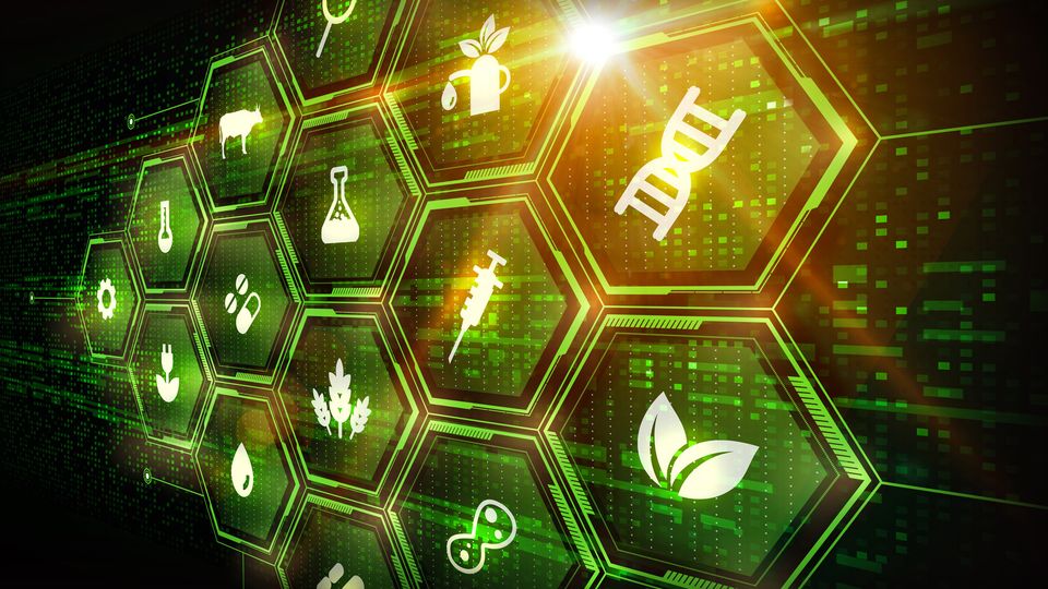 Hexagonal green tiles displaying life science icons.