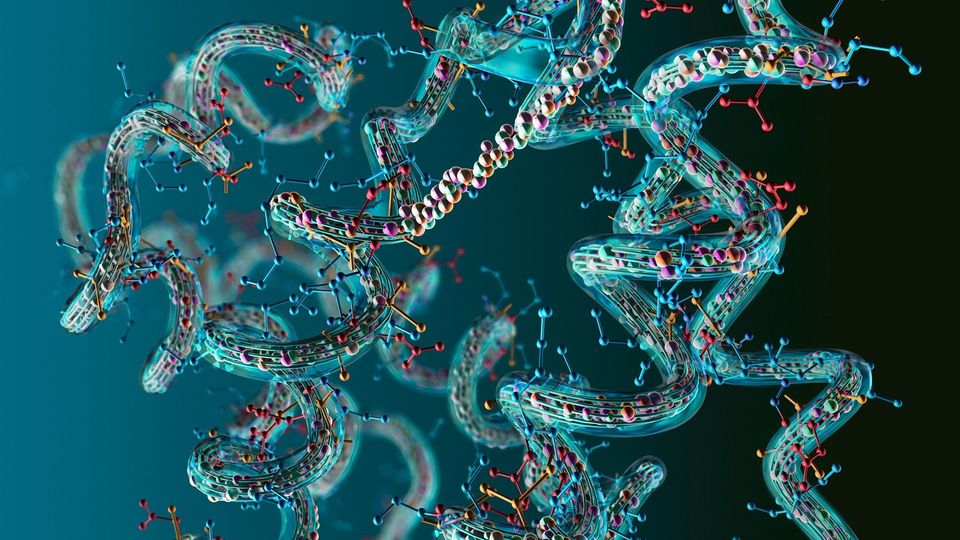 Complex 3D rendering of protein structures illustrating molecular interactions in proteomics.