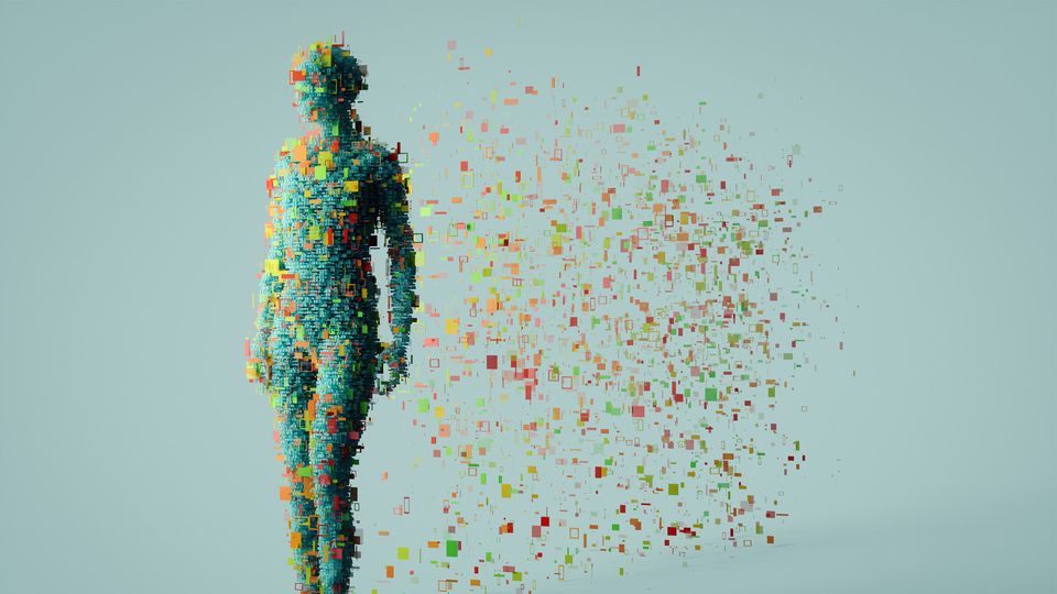 Digital human figure dissolving into colored data blocks, symbolizing spatial biology and cellular mapping.