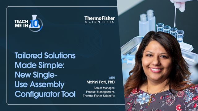 Dr. Mohini Patil smiling next to the title of her presentation "Tailored Solutions Made Simple: New Single-Use Assembly Configurator Tool." 