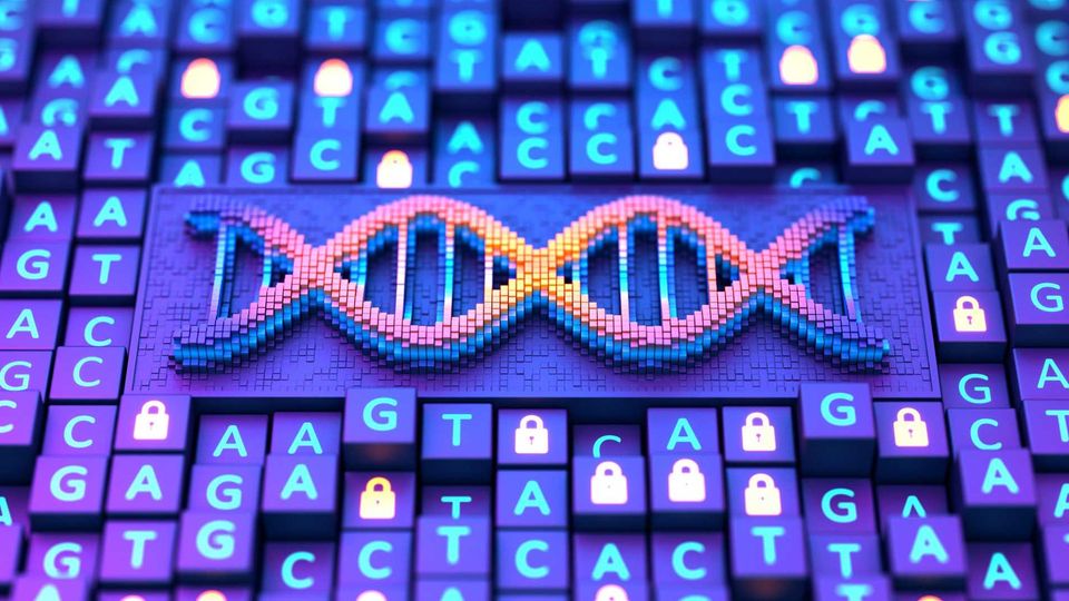 A DNA double helix surrounded by the letters A, G, C and T, representing sequencing of ancient DNA.