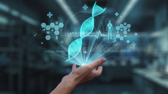 Hand projecting a digital DNA helix with medical icons, symbolizing precision medicine technology. 