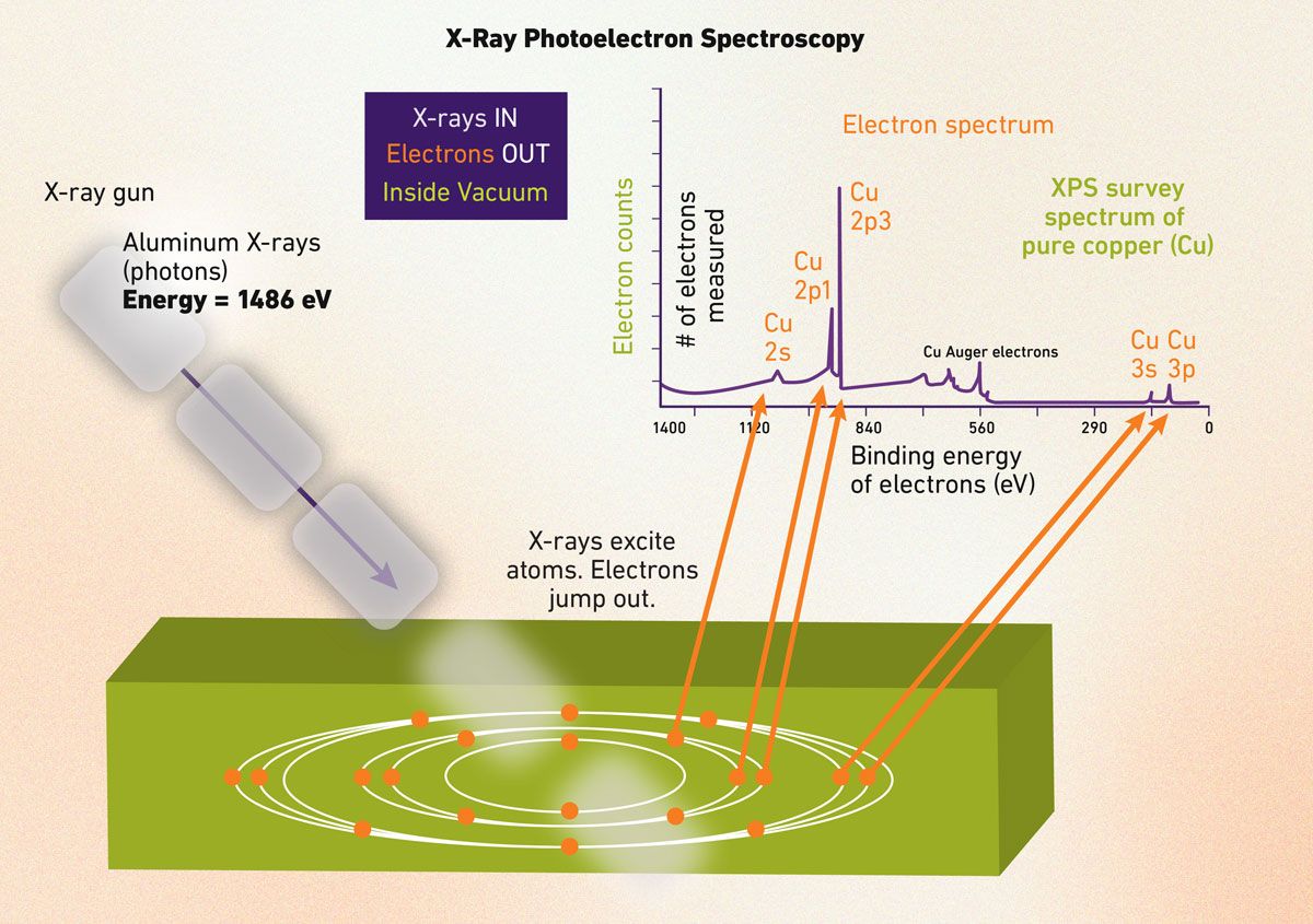 Figure 3: Schematic of XPS: an X-ray photon triggers the photoelectric effect, ejecting a core electron; the analyzer measures its kinetic energy to calculate binding energy, revealing surface chemistry alongside an example XPS spectrum with labeled peaks showing chemical shifts for interpreting bonding states. Credit: Technology Networks. An X-ray photon ejecting a core electron from an atom and the corresponding X-ray spectrum produced as a result.
